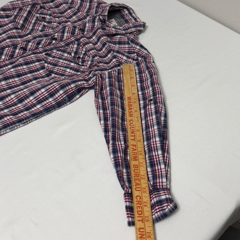 PD&C Boys Large‎ 16 Red Blue White Plaid Western Snap Front Cotton Shirt Cowboy - Picture 5 of 6